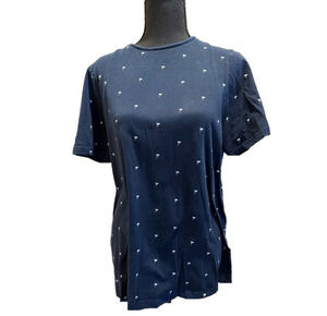 DENIM AND FLOWER RICKY SINGH SHORT SLEEVE BLUE AND WHITE TOP WITH PALM TREES